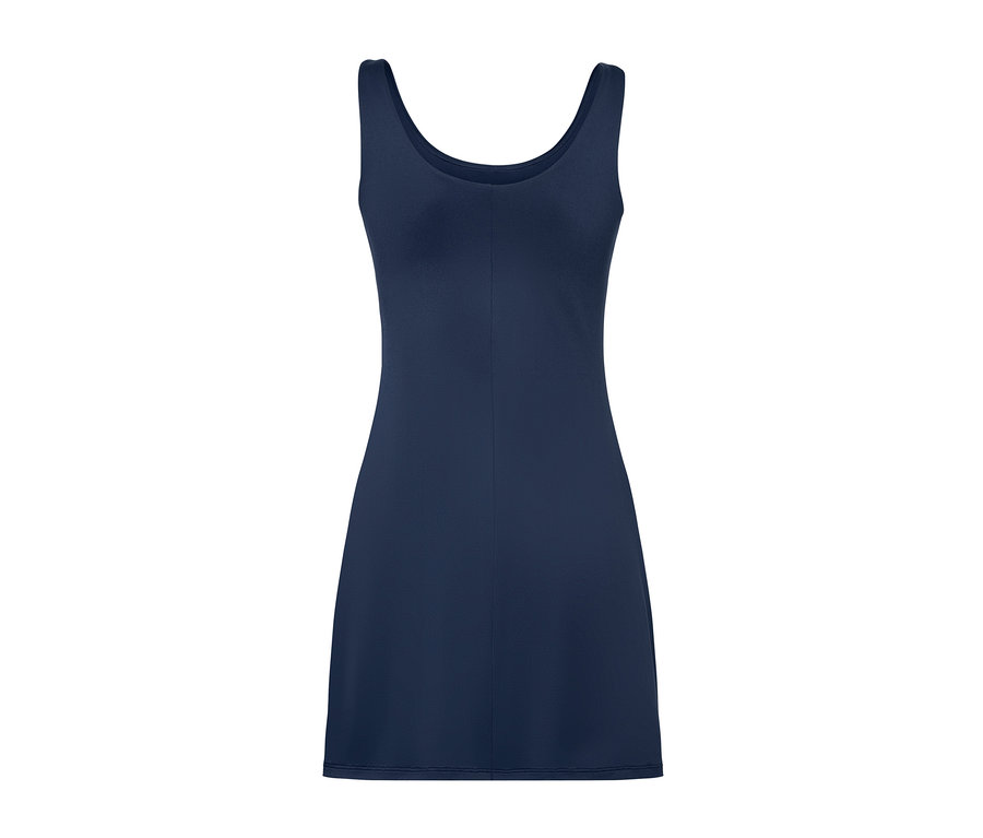 Tmavomodré športové šaty s cyklistickými nohavicami.