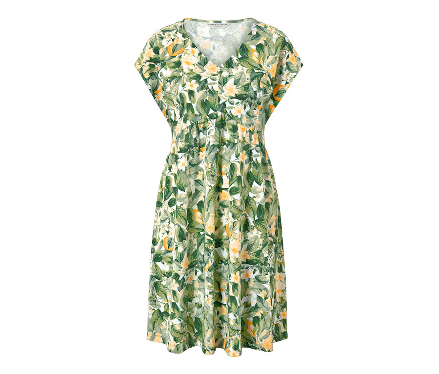 Celkový pohľad na džersejové šaty s potlačou s krátkymi rukávmi a výstrihom do V.