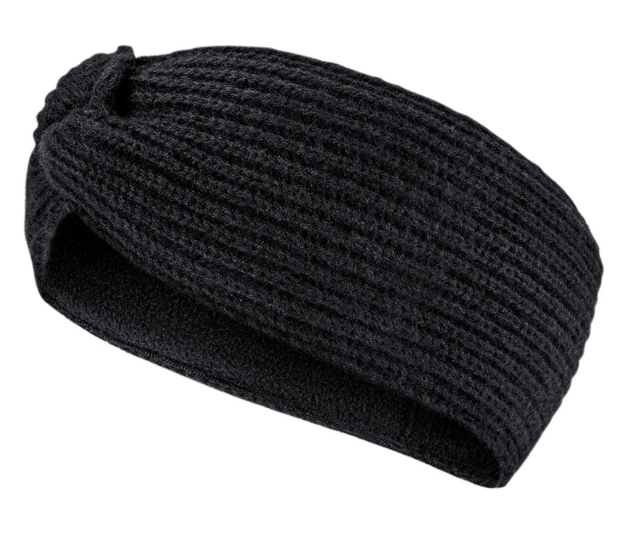 Detail pletenej čiernej čelenky.