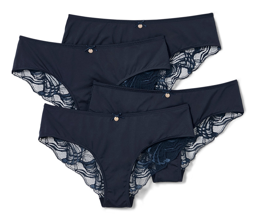 Štyri tmavomodré brazílske nohavičky s čipkou.