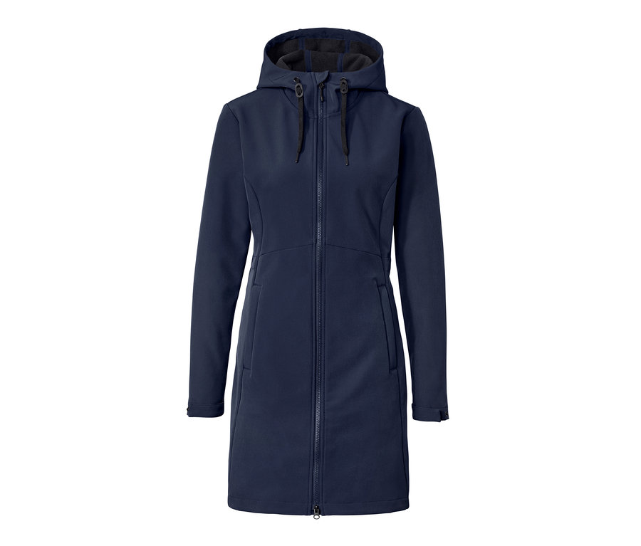 Modrý softshellový kabát s kapucňou a zipsom.