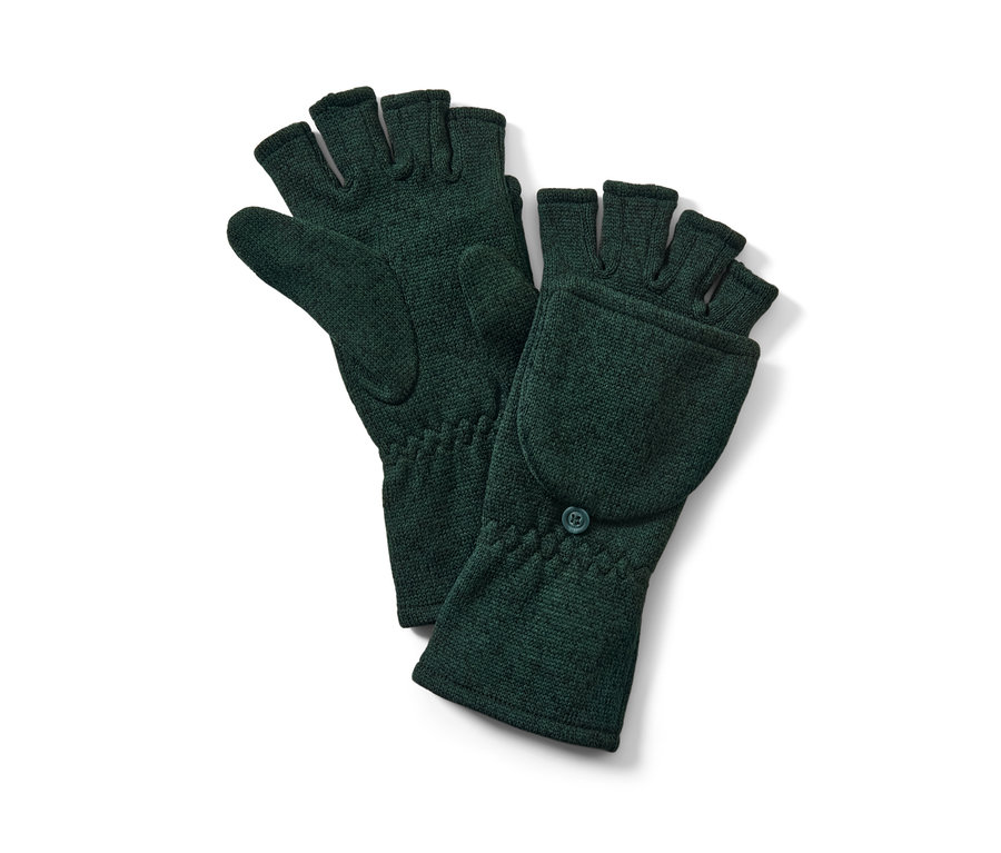 Dve zelené pletené flísové odklápacie palčiaky ležia na bielom pozadí.