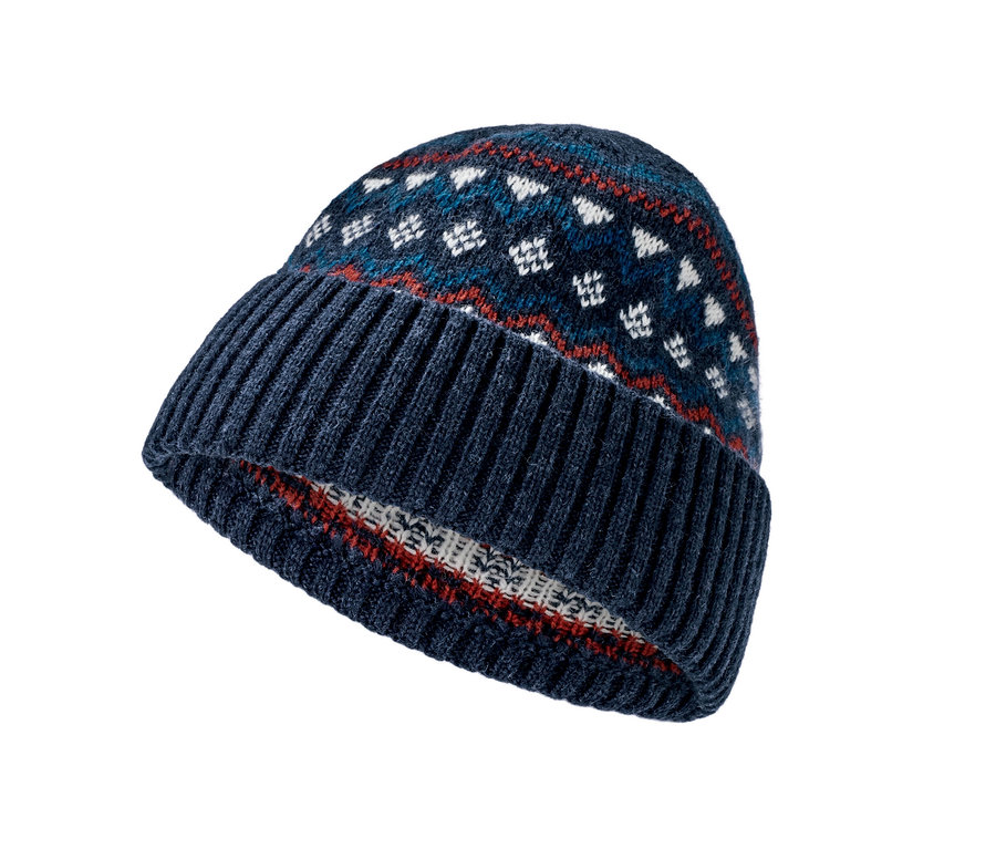 Modrá pletená čiapka s vlnou certifikovanou podľa RWS.