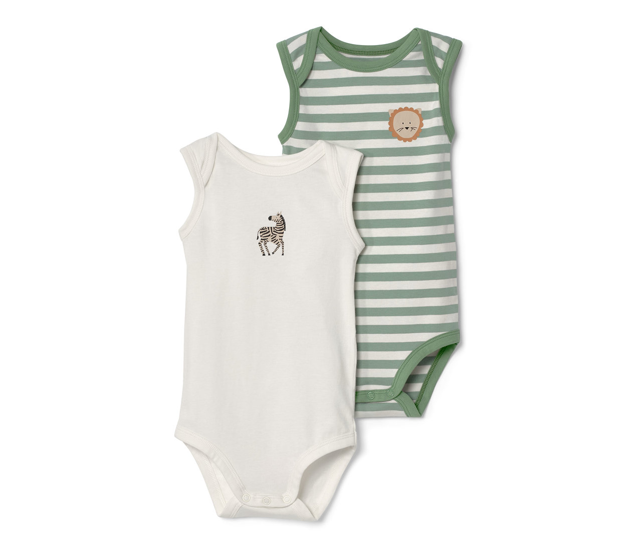 Dve body pre bábätká s možnosťou prispôsobenia veľkosti: Jedno biele s potlačou zebry, druhé zelené s prúžkami a motívom leva.