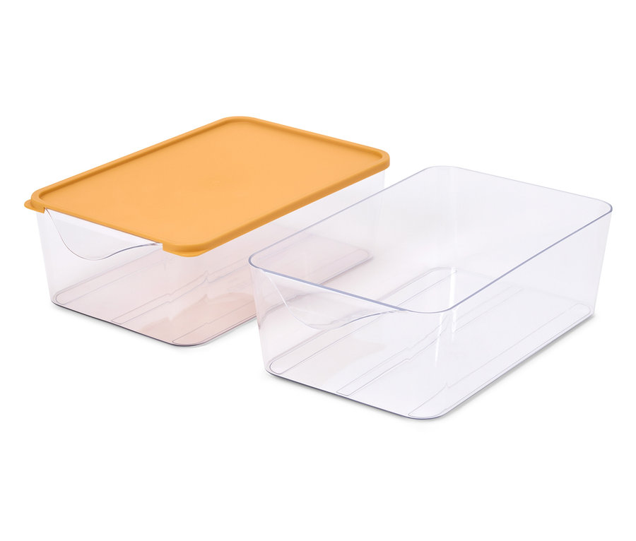 Dve priehľadné úložné boxy, jeden s oranžovým vekom.