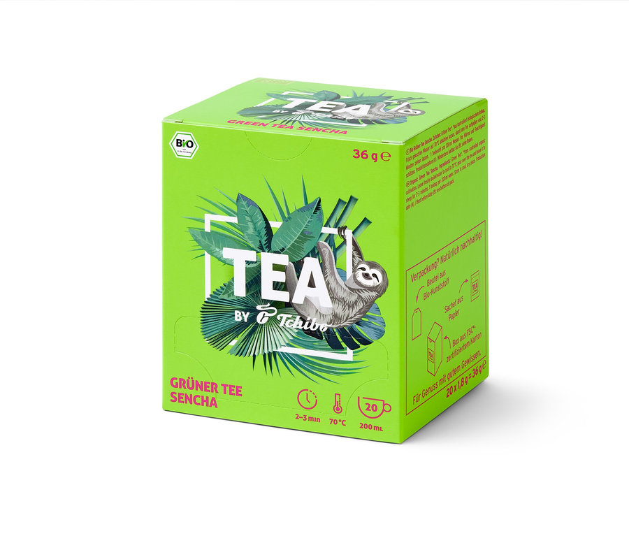 Zelené balenie BIO čaju TEA by Tchibo Sencha s obrázkom leňochoda.