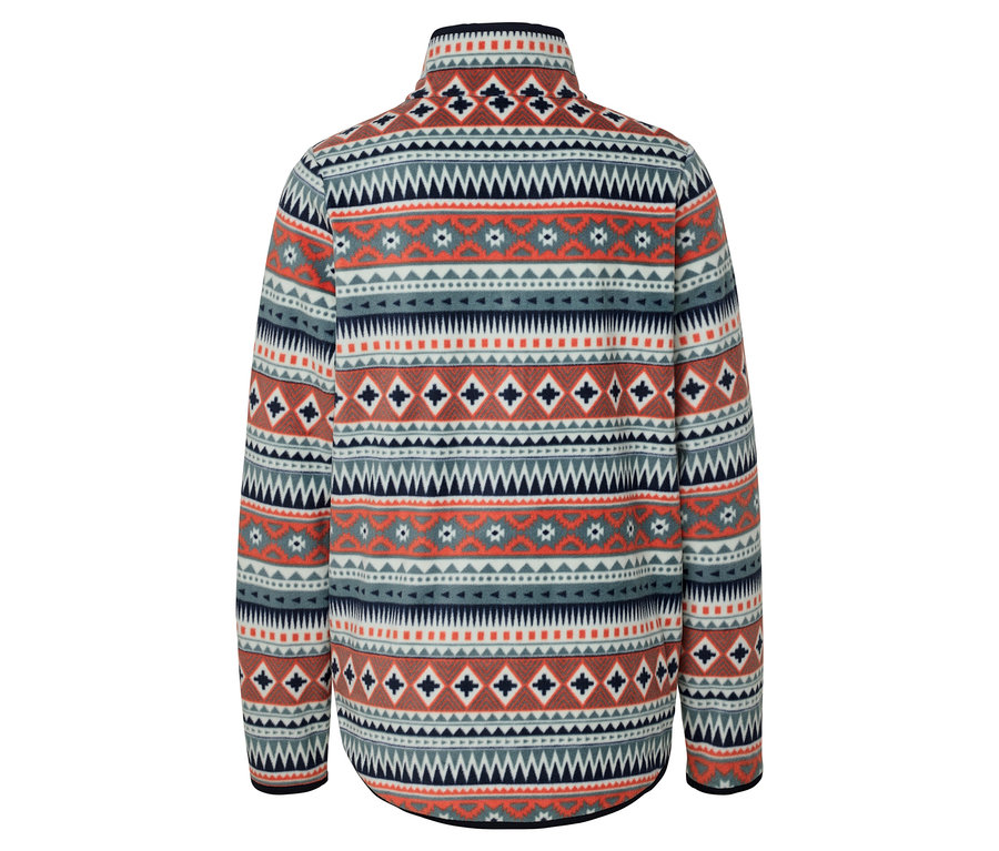 Pohľad zozadu na fleecovú mikinu so vzorom v odtieňoch bielej, modrej a oranžovej.