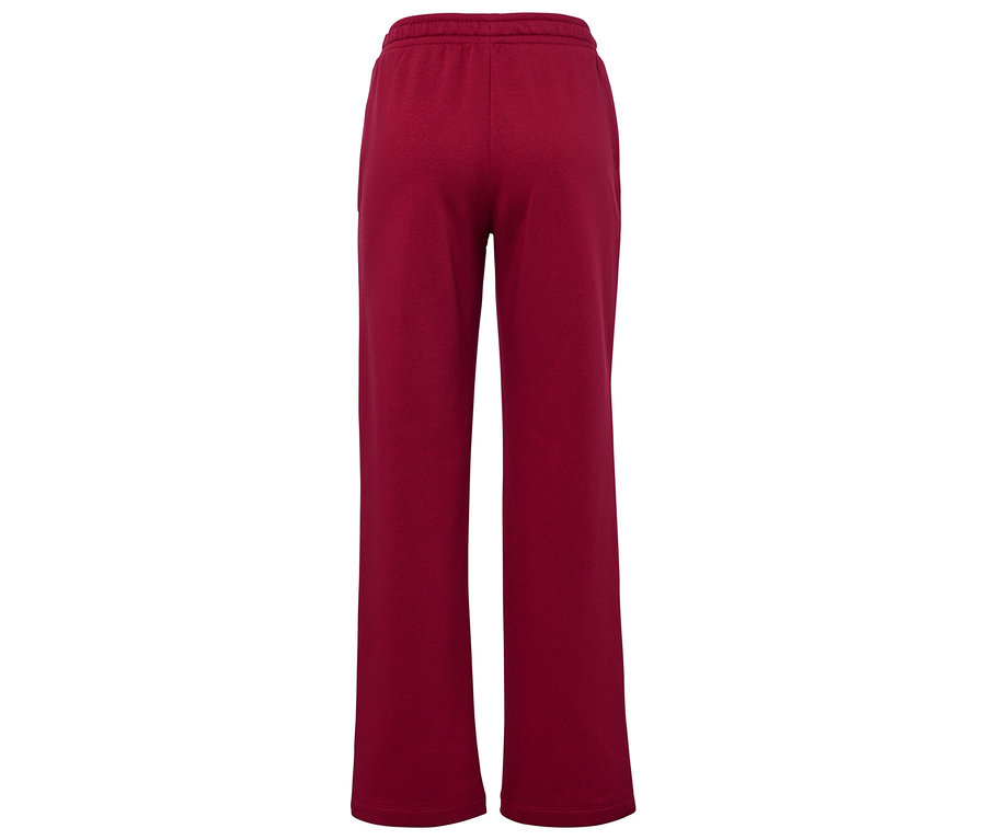 Vínové tepláky so širokými nohavicami, zadný pohľad.