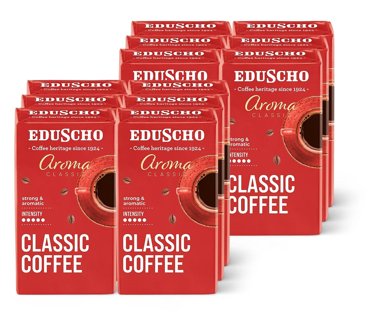 Desať červených balení mletej kávy Eduscho Aroma Classic.