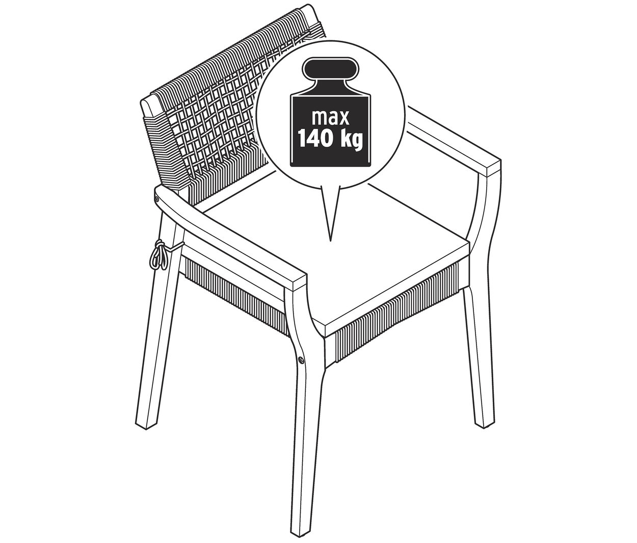 Nákres stohovateľnej jedálenskej stoličky vrátane vankúšika na sedenie a maximálnej nosnosti 140 kg.
