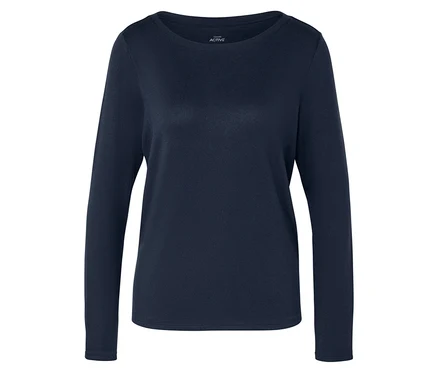 Tmavomodré Langarm-Sportshirt »supersoft« leží na bielom pozadí.