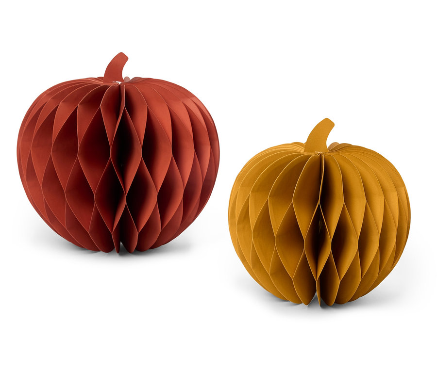 Dve dekoratívne tekvice z voštinového papiera, jedna hnedočervená a druhá horčicovo žltá.