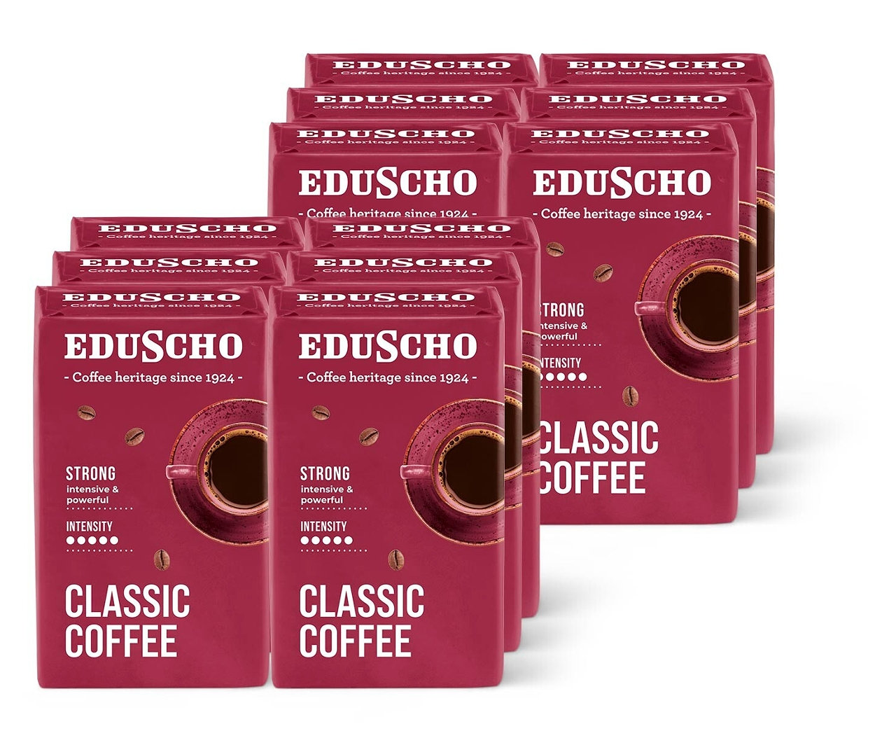 Balíčky mletej kávy Eduscho Classic sú usporiadané v niekoľkých radoch.