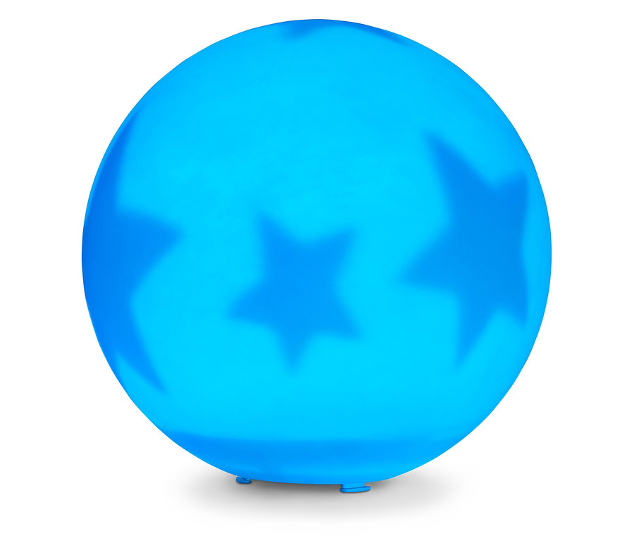 Modré nočné svetlo v tvare gule s hviezdami na bielom pozadí.