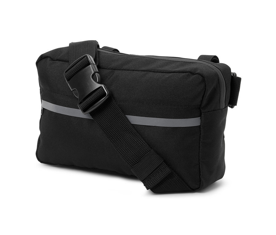 Čierna taška na riadidlá 2 v 1 s popruhom na plece.