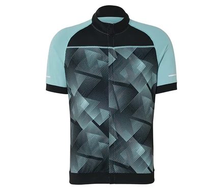 Cyklistický dres s geometrickým vzorom v čiernej a tyrkysovej farbe.
