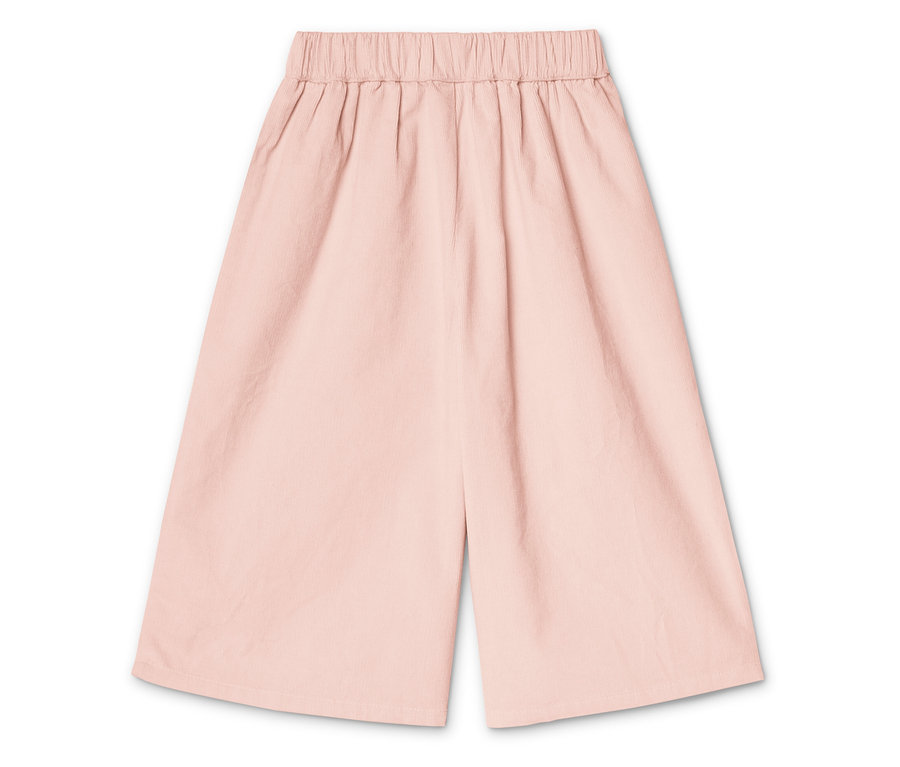 Detailný záber na ružové culottes nohavice s elastickým pásom.