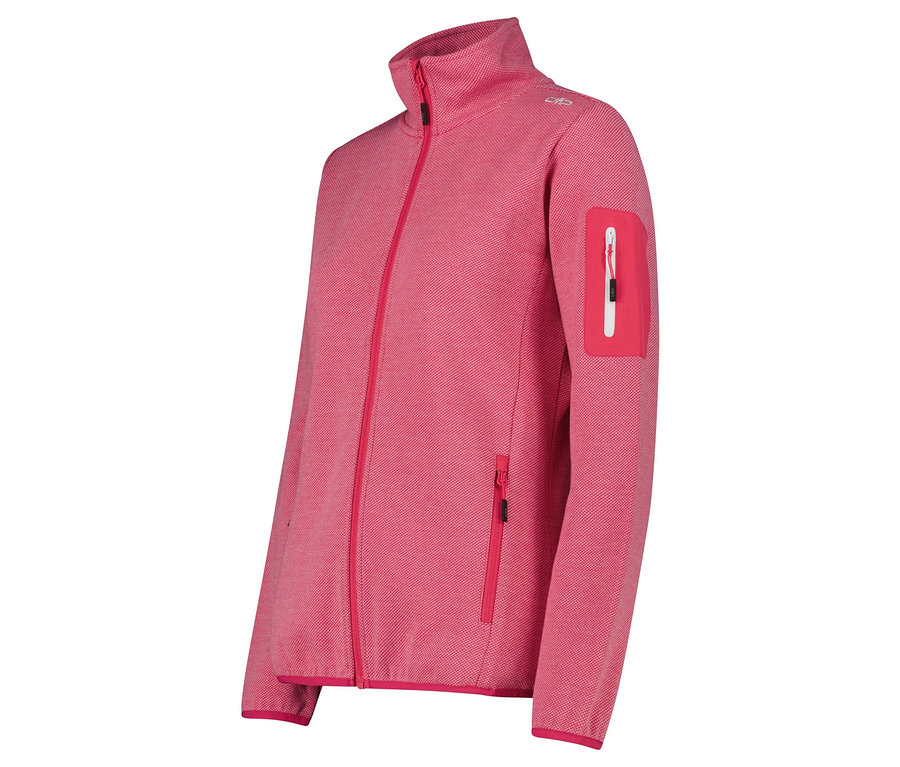 Ružová fleecová bunda so zipsom a vreckami.