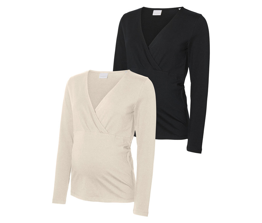 Dve tehotenské blúzky MAMALICIOUS MLKERRIE TESS LS JRS TOP 2-P NOOS, jedna béžová a jedna čierna.