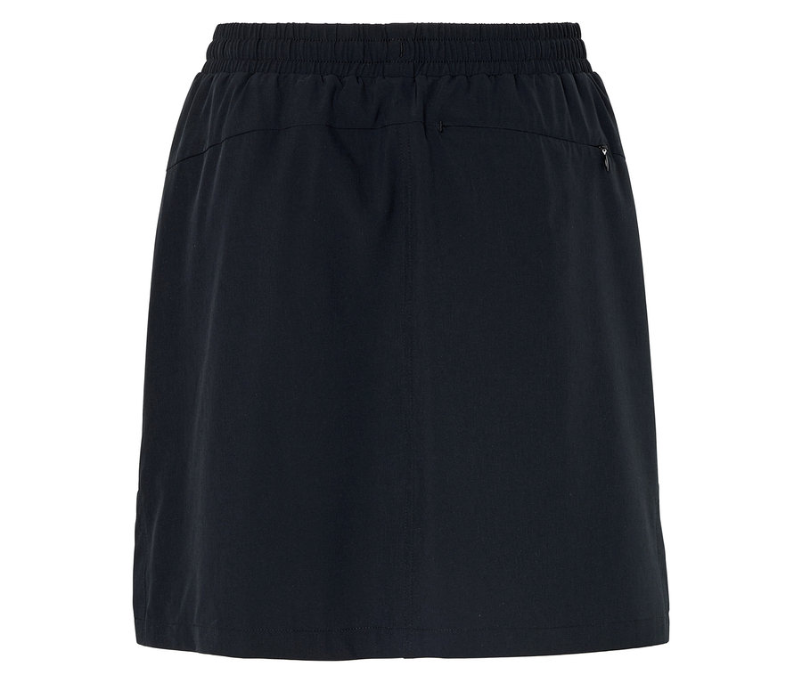 Pohľad zozadu na čiernu sukňu s elastickým pásom a vreckom na zips.