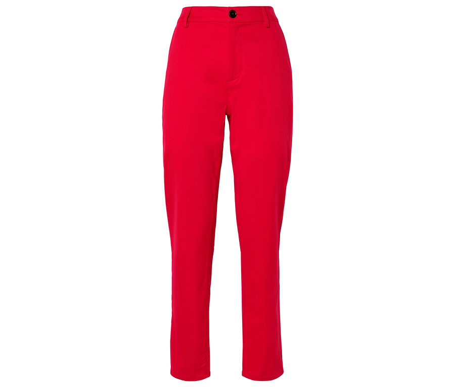 Červené látkové nohavice s vysokým pásom a gombíkovým zapínaním.