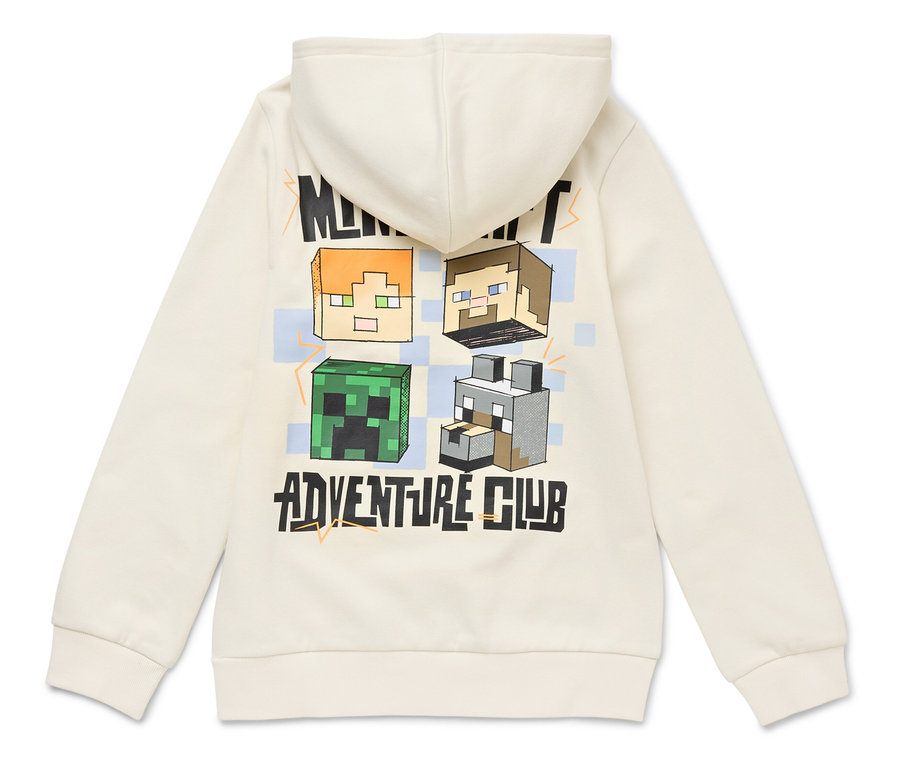 Pohľad zozadu na krémovú mikinu s kapucňou s postavami z Minecraftu a nápisom "Adventure Club".