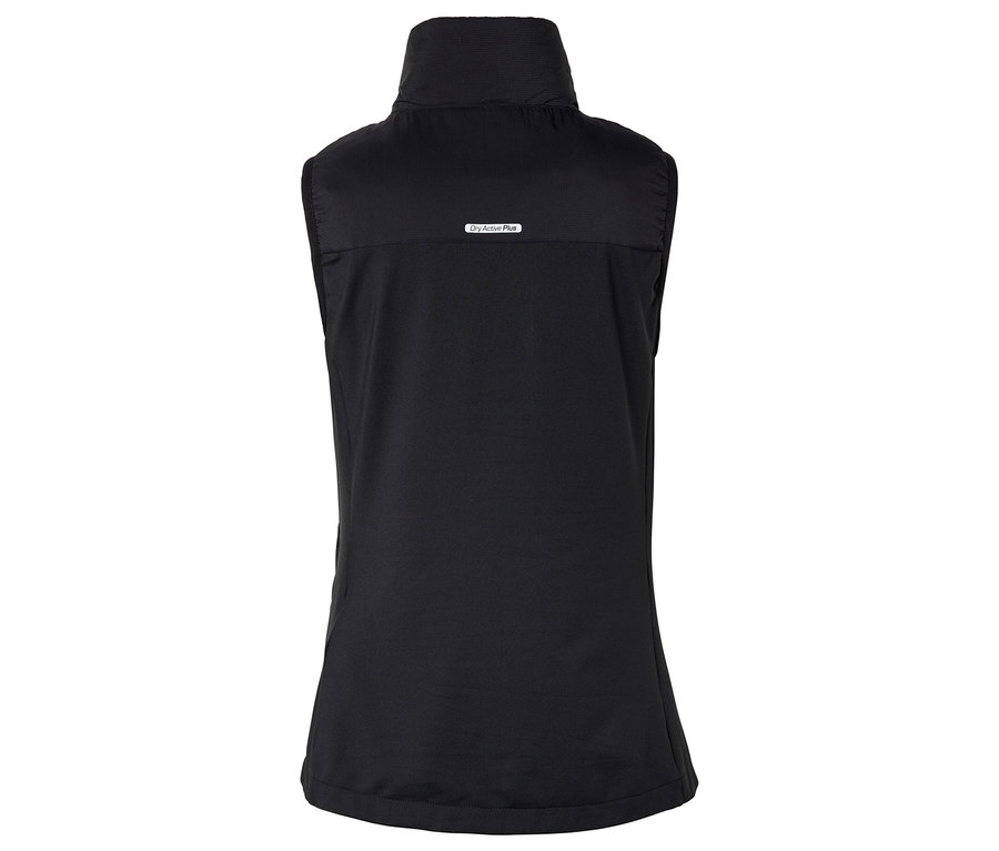 Čierna bezrukávová vesta s vysokým golierom a zipsom.