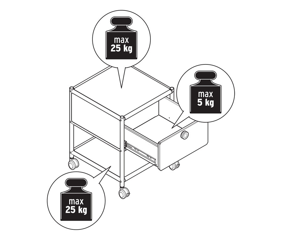 Pohľad zhora na kovový nočný stolík »CN3« so zásuvkou, maximálne zaťaženie hore a dole 25 kg, zásuvka maximálne 5 kg.