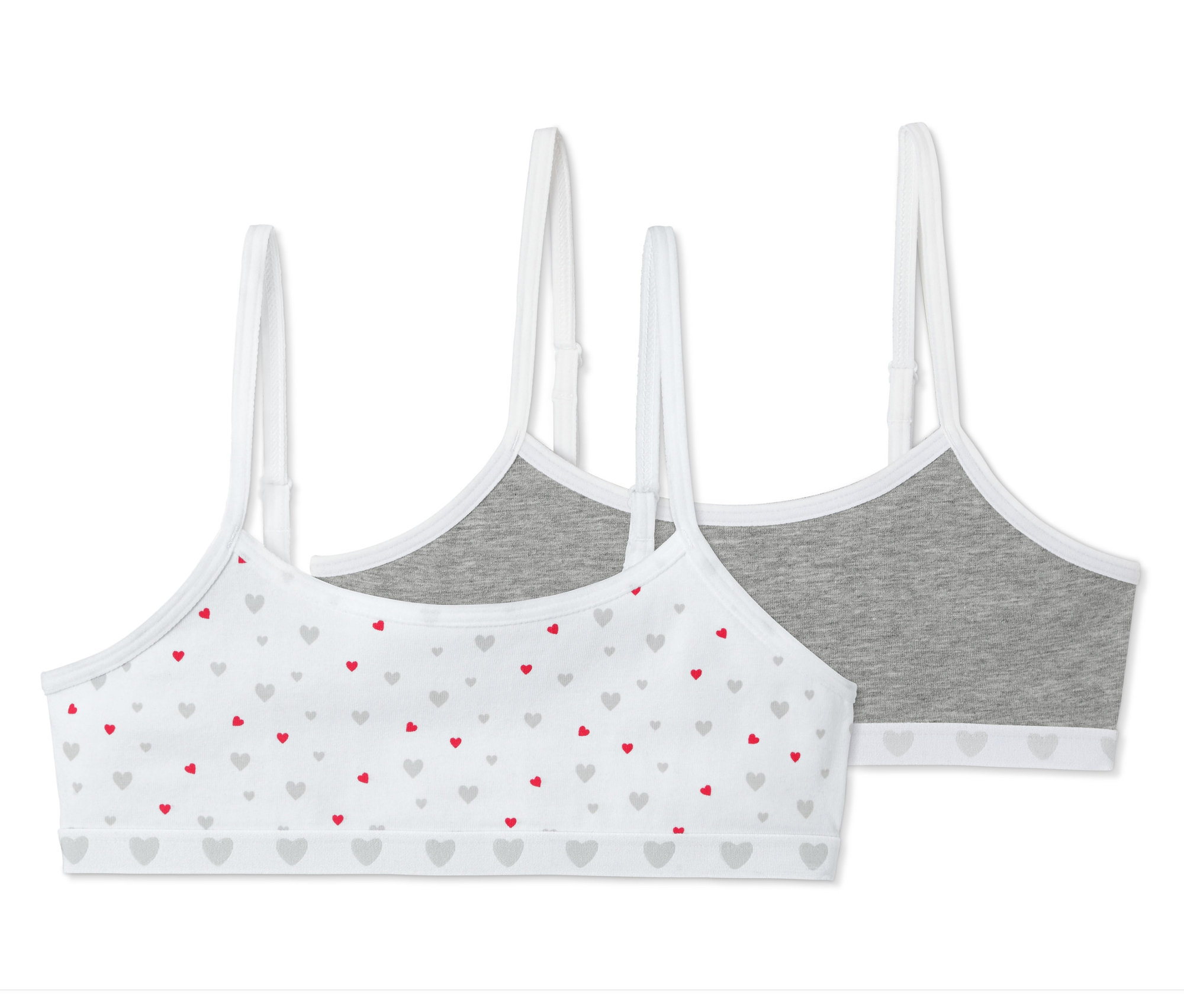 Dievčenské podprsenky, 2 ks, jedna biela s červenými a sivými srdiečkami, druhá sivá.