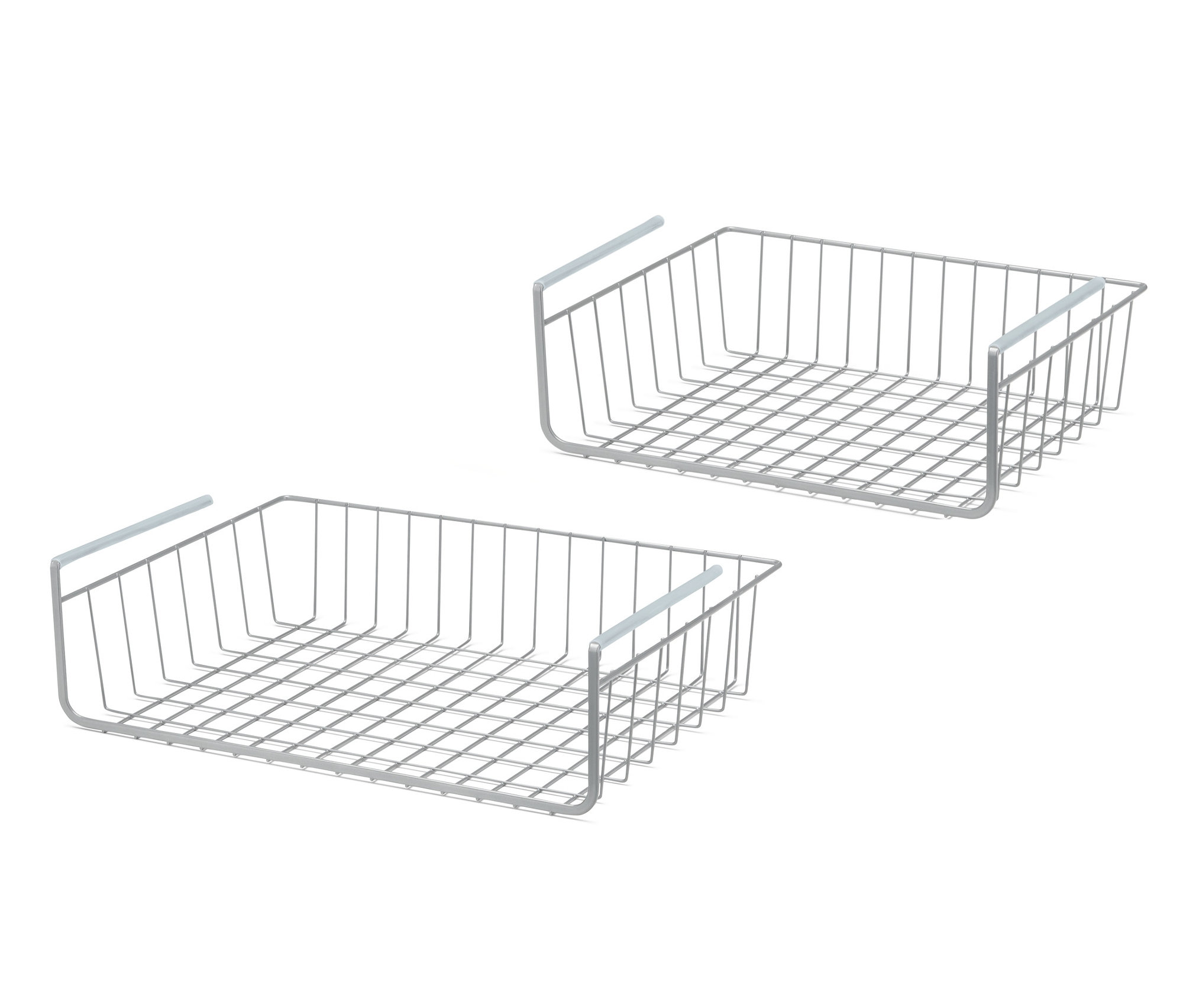 Dva kovové košíky do skrine na bielom pozadí.