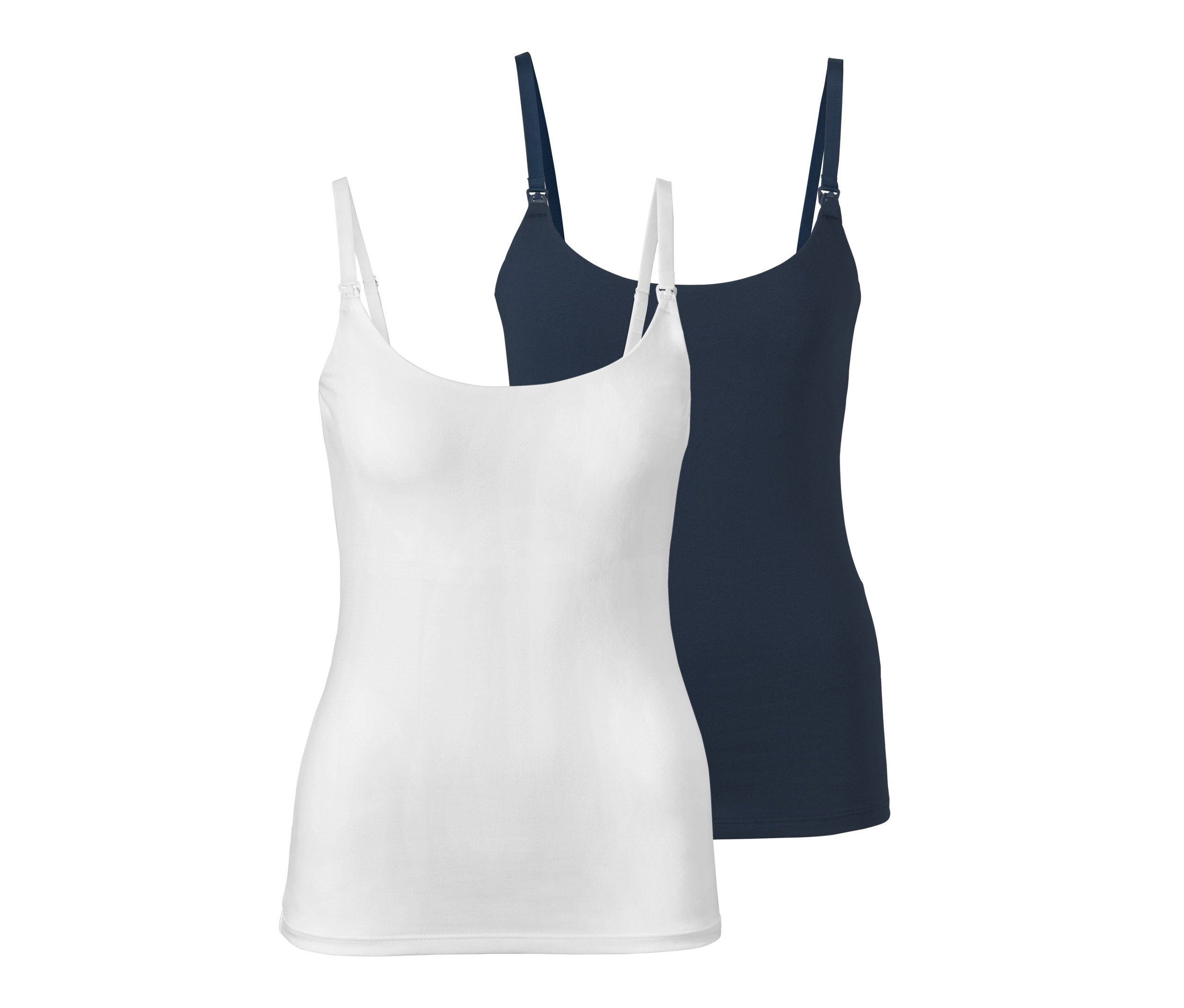 Dve tielka na dojčenie: biele a tmavomodré.