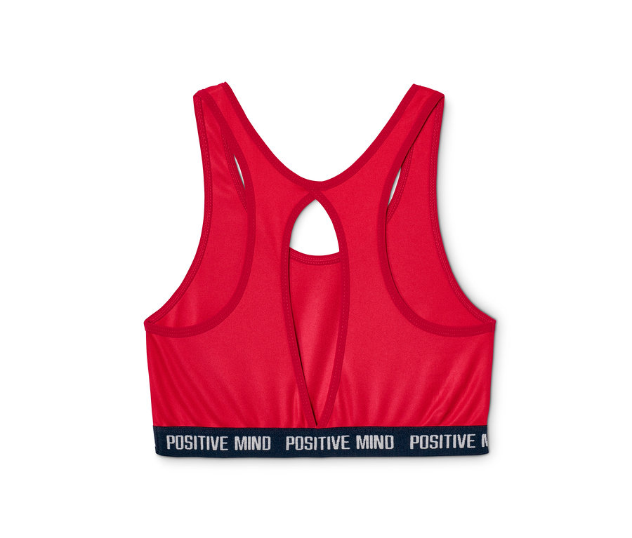 Detail červenej športovej podprsenky z 2 ks súpravy s nápisom "POSITIVE MIND" na spodnom leme.