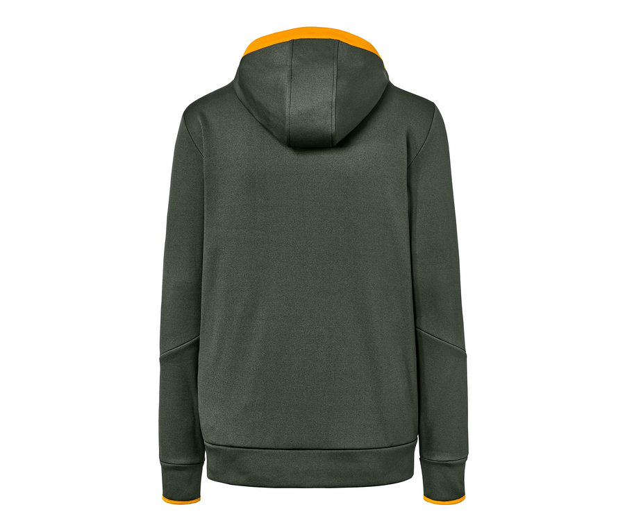 Pohľad zozadu na zelenú funkčnú bundu s oranžovou kapucňou.