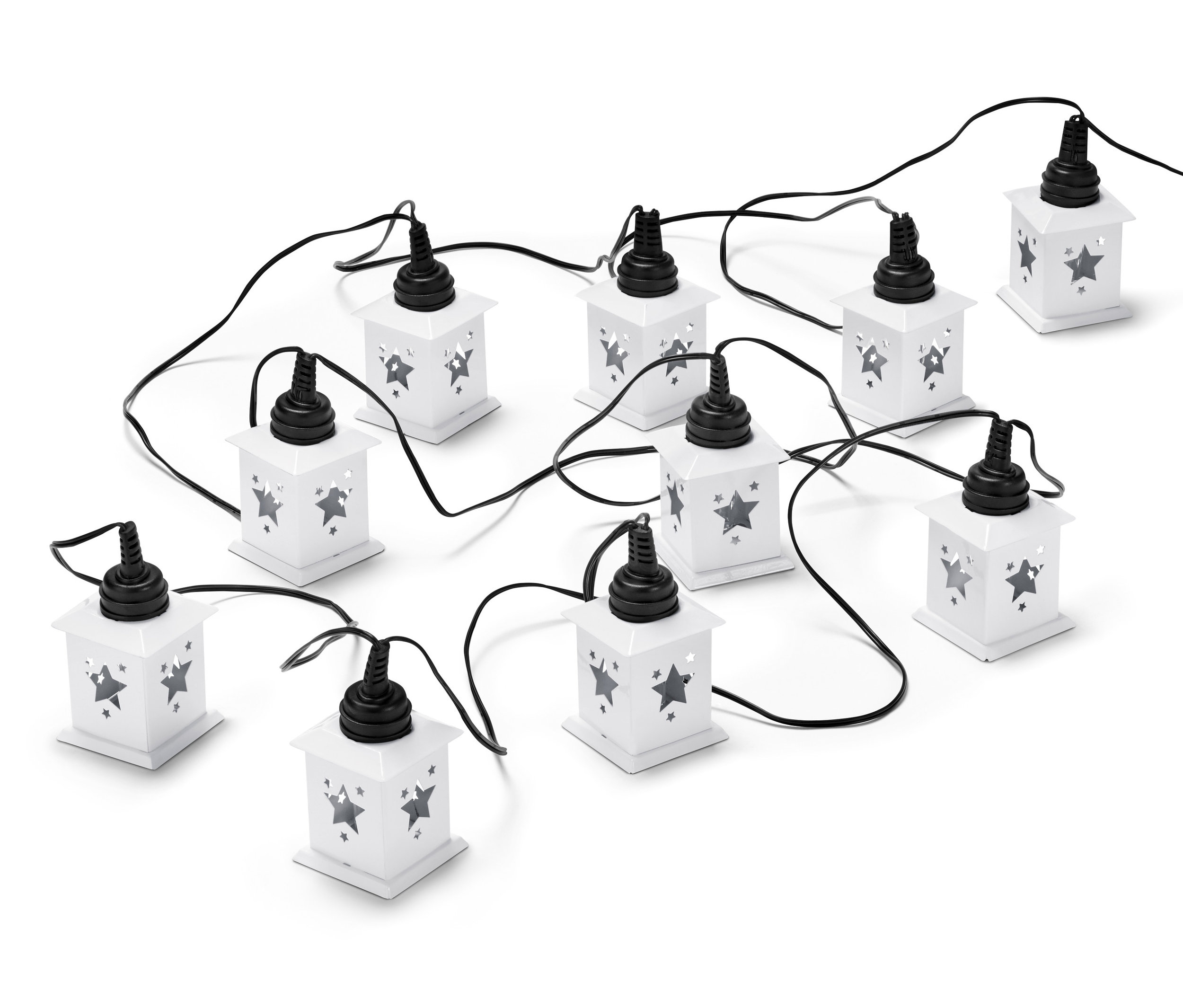 Svetelná reťaz s LED a premietaním s desiatimi bielymi lampiónmi v tvare domčeka s hviezdami.