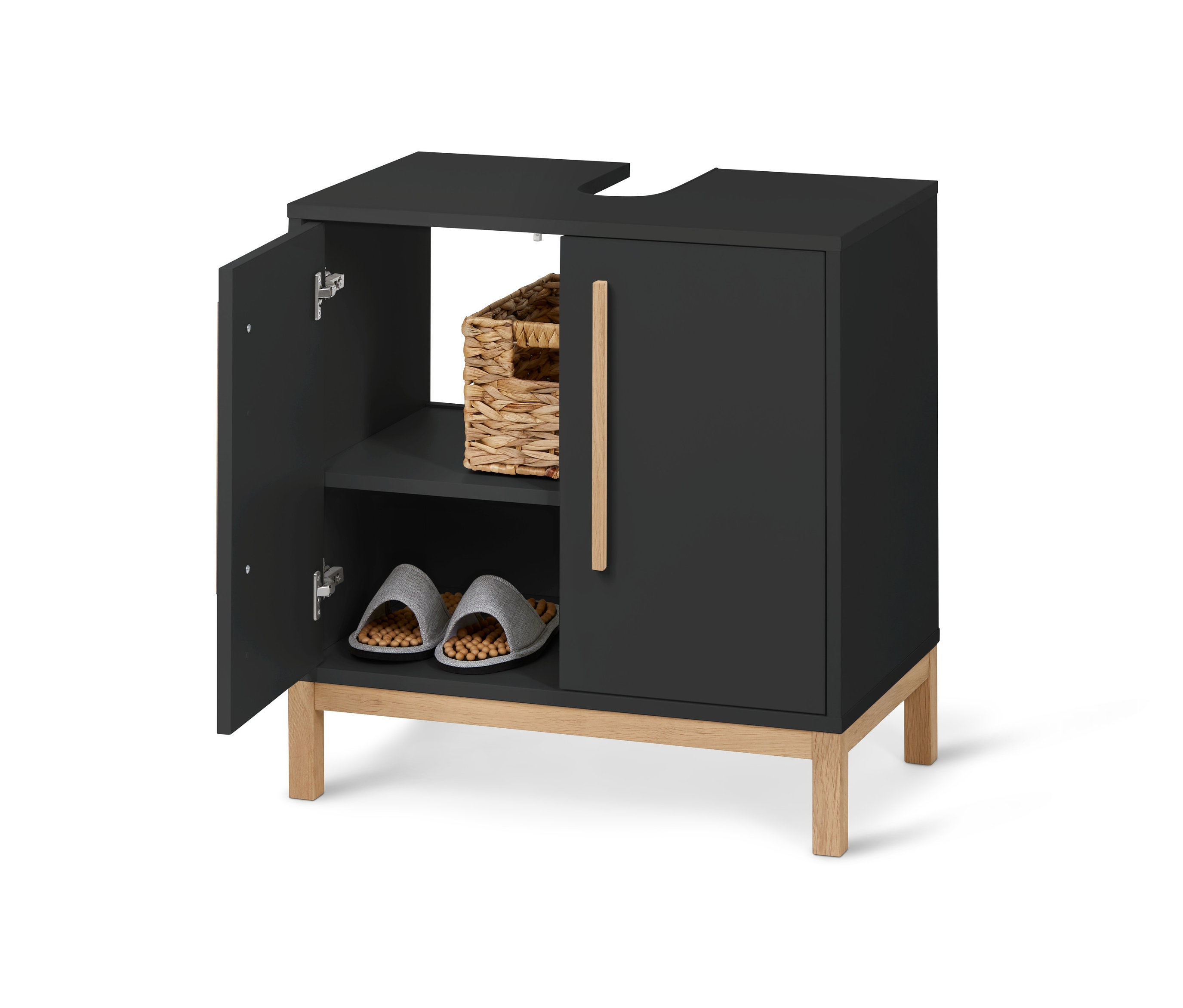 Antracitová skrinka pod umývadlo »Eklund« s otvorenými dvierkami, vnútri košík a papuče.