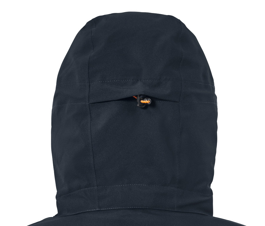 Detail kapucne lyžiarskej bundy, modrá.