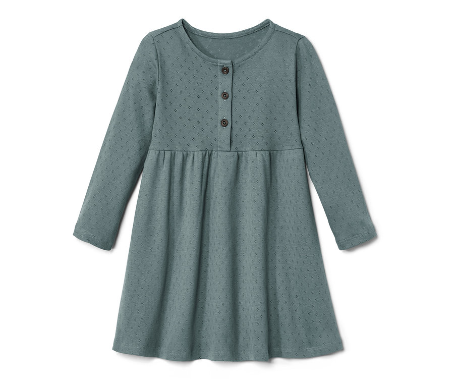 Modré detské šaty s dlhými rukávmi a gombíkmi.