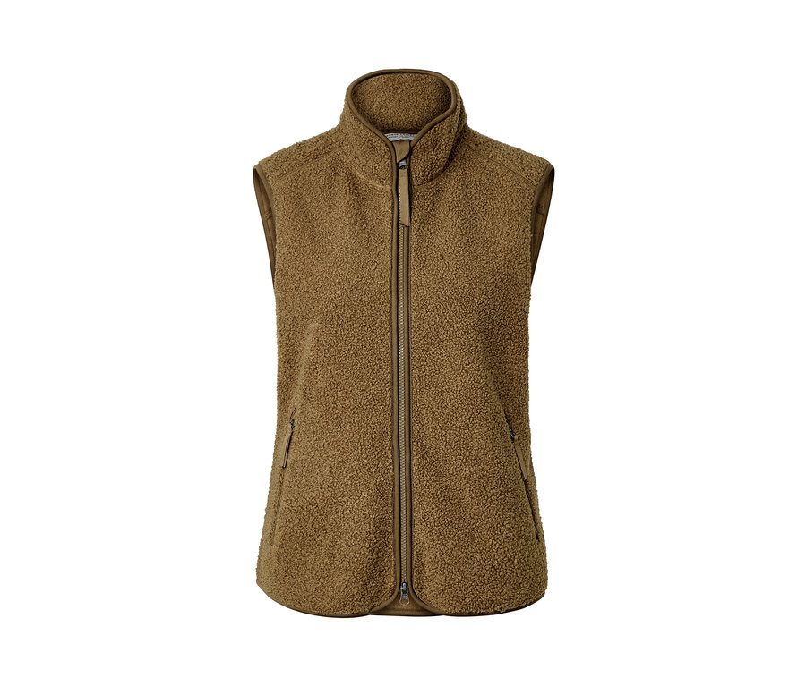 Hnedá plyšová vesta so zipsom uprostred.