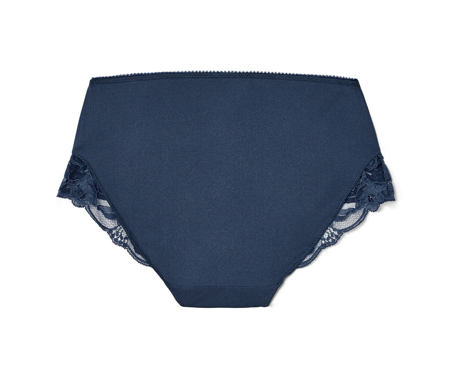 Modré nohavičky so stredne vysokým pásom.