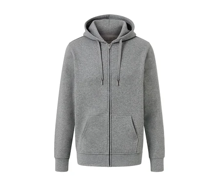Sivá mikina s kapucňou na zips s vreckami.