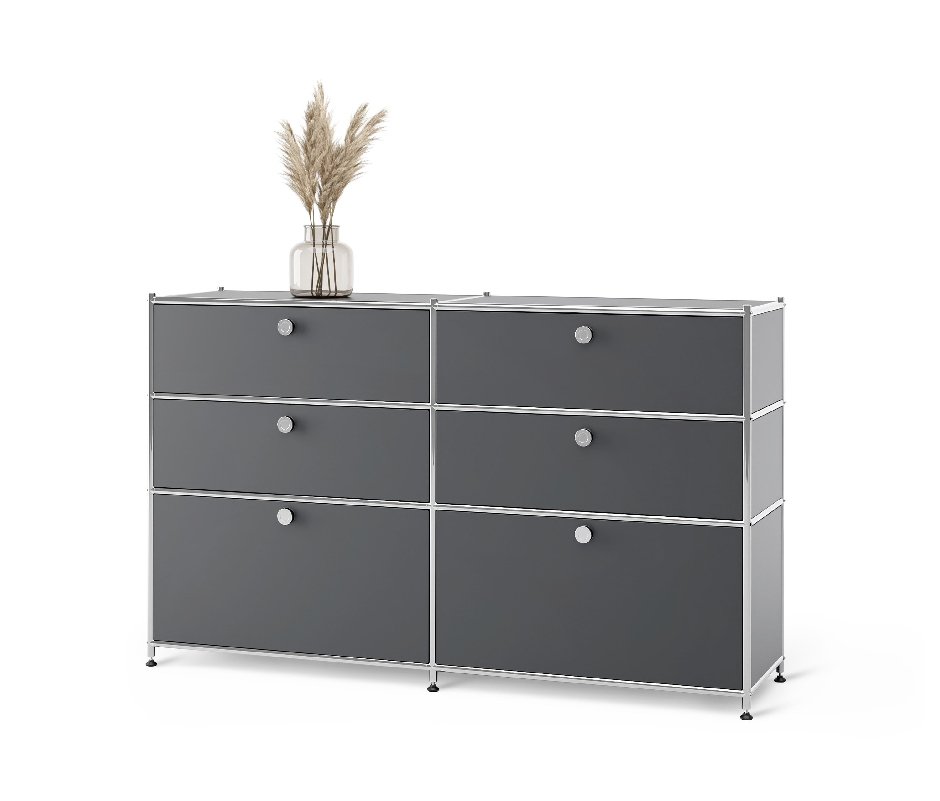 Sivá kovová komoda »CN3« so 6 zásuvkami.
