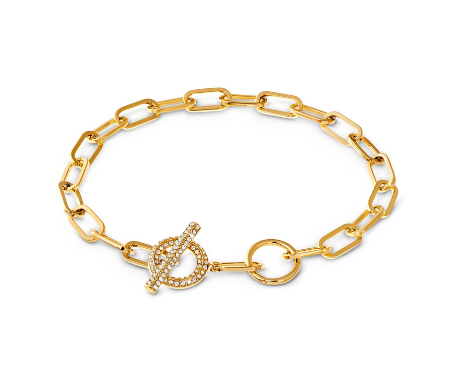 Zlatý náramok Toggle s krištáľovým lemom na bielom pozadí.