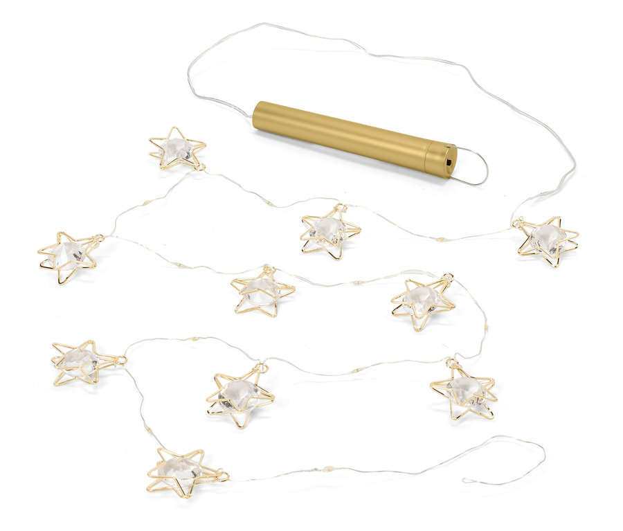 Reťaz svetiel s desiatimi hviezdami so zlatým drôteným rámom a priehľadnými kameňmi a zlatým puzdrom na batérie.