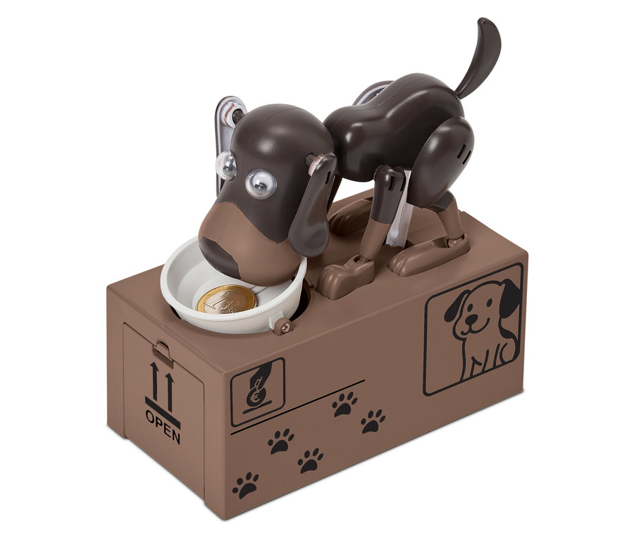 Hnedá robotická psia pokladnička s mincou v miske.