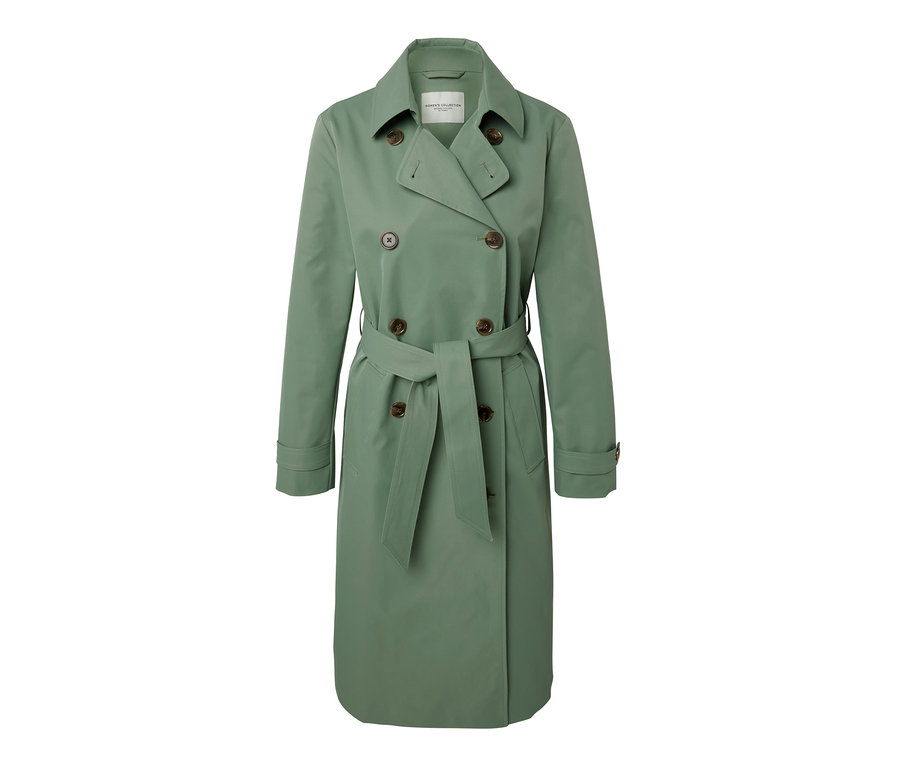 Svetlozelený trenčkot s opaskom a hnedými gombíkmi.