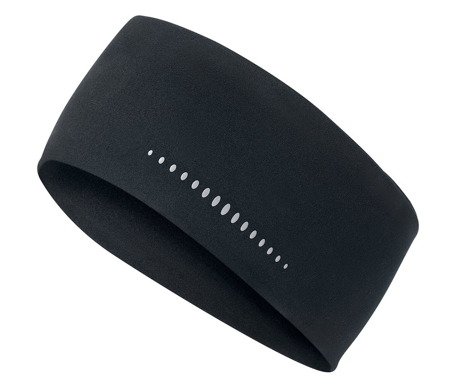 Čierna športová čelenka s reflexnými bodkami na bielom pozadí.