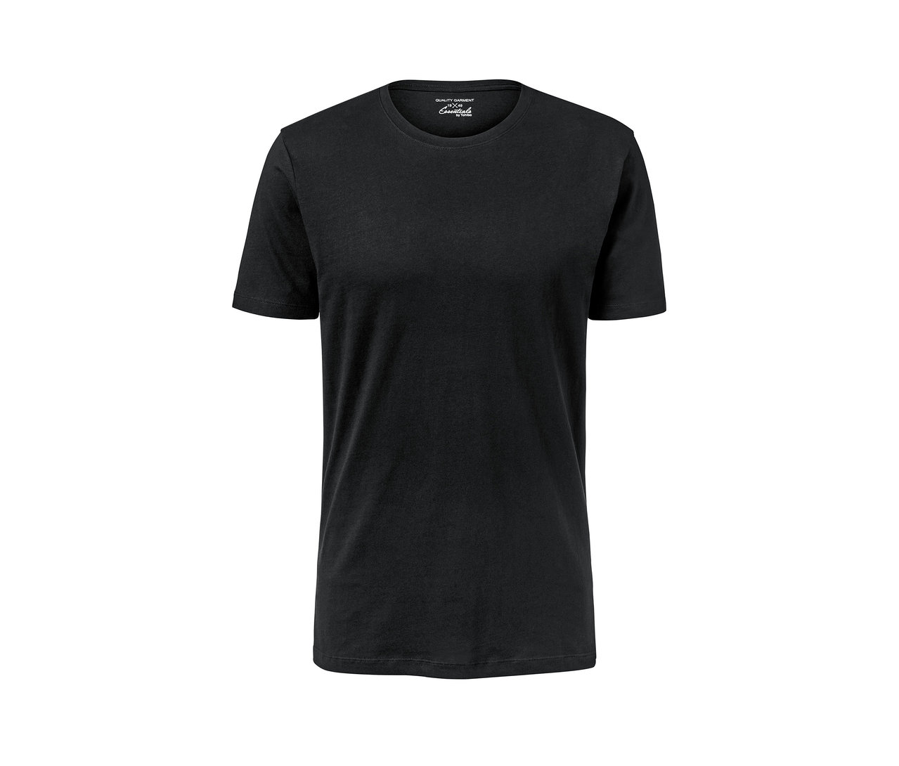 Čierne tričko s okrúhlym výstrihom.