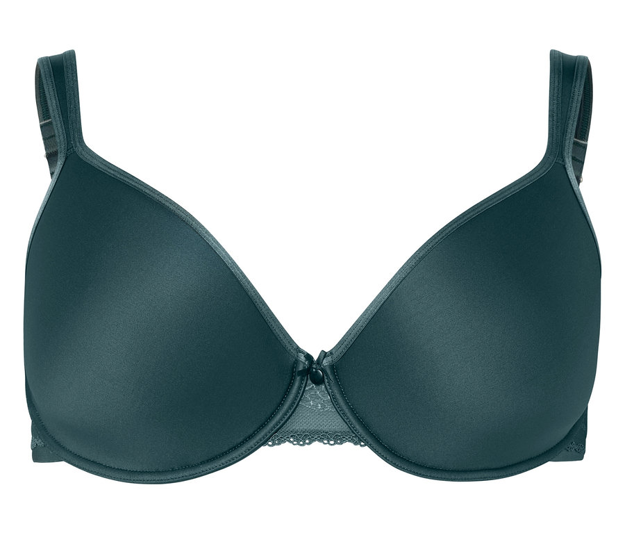 Tmavozelená podprsenka s kosticami a čipkovaným lemom.