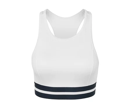 Biela športová podprsenka »Crop Top« s tmavomodrým pruhom dole.