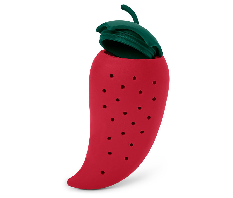 Červený silikónový sparovač čaju v tvare papriky s vrchnákom.